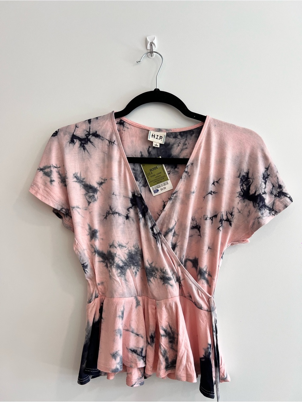 Pink and Black Tie-Dye Wrap Peplum Blouse